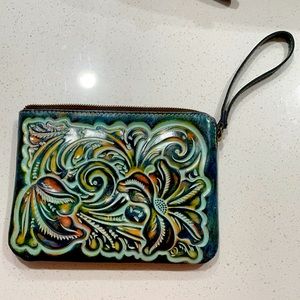 Green floral Patricia Nash leather wristlet